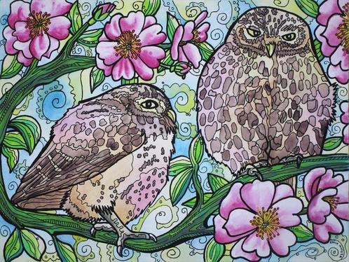 Schilderij van een setje jonge uilen, Huis en Inrichting, Woonaccessoires | Schilderijen, Tekeningen en Foto's, Nieuw, Schilderij