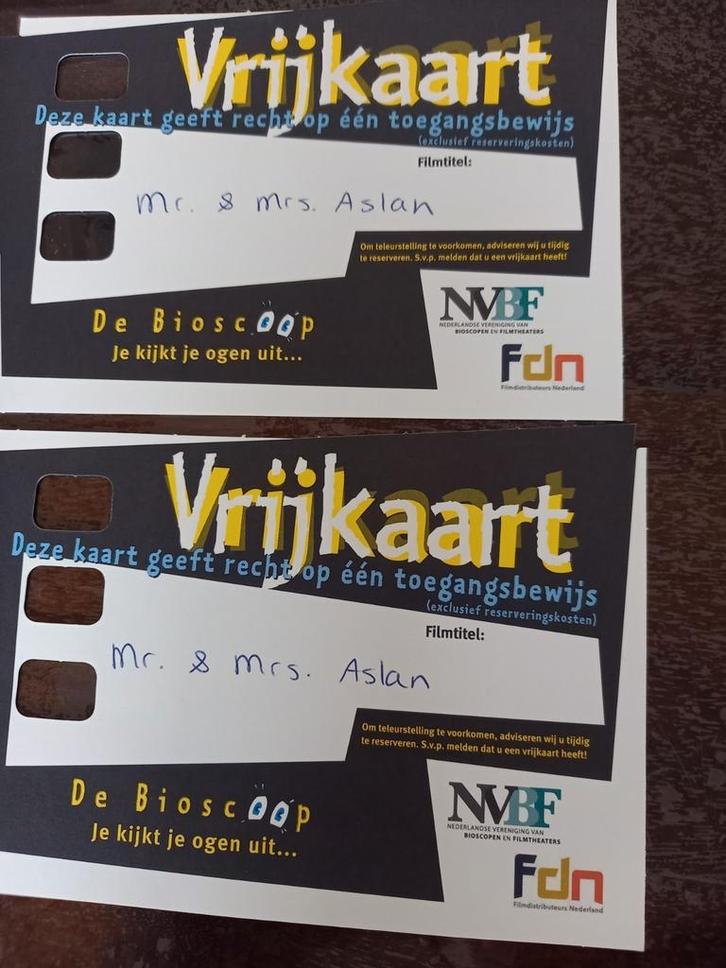 2 vrijkaarten / bioscoop kaartjes film Mr & Mrs Aslan, Tickets en Kaartjes, Filmkaartjes, Twee personen