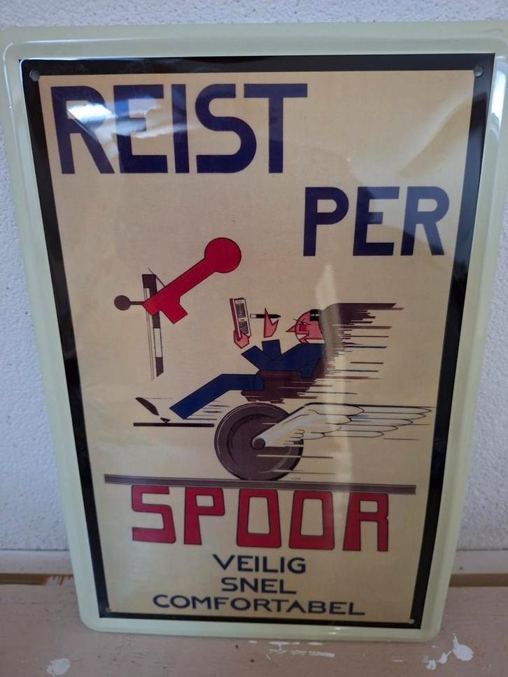 Oud Reclamebord: Reist per Spoor, Hobby en Vrije tijd, Modeltreinen | H0, Ophalen of Verzenden
