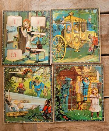 4 x Antieke kartonnen puzzels / rekensom puzzels/ Sprookjes beschikbaar voor biedingen