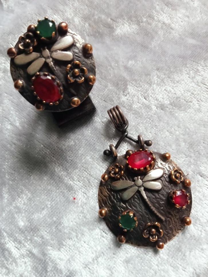 Prachtige Aparte Handgemaakte Zilveren Set - Hanger en Ring, Sieraden, Tassen en Uiterlijk, Antieke sieraden, Ring, Zilver, Met edelsteen