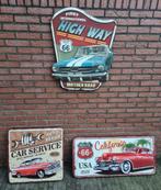 FIFTIES SIXTIES METALEN DECO BORDEN MET AMERIKAANSE AUTO'S, Ophalen, Nieuw, Reclamebord