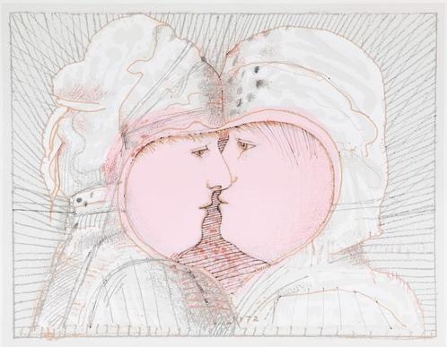 Jacobus (Co) Westerik(1924)Zeefdruk"Kussend Paar"Ges Gen Ged, Antiek en Kunst, Kunst | Litho's en Zeefdrukken, Ophalen of Verzenden