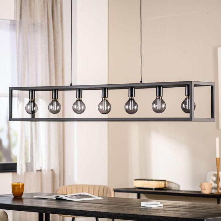 Hanglamp zwart staal 7-lichts, Huis en Inrichting, Lampen | Hanglampen, Zo goed als nieuw, Minder dan 50 cm, Overige materialen