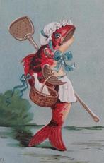 Vrouwtjes vis gaat aan het werk- Relief-oude kaart, Verzamelen, Ansichtkaarten | Dieren, Waterdier, Ongelopen, Voor 1920, Verzenden