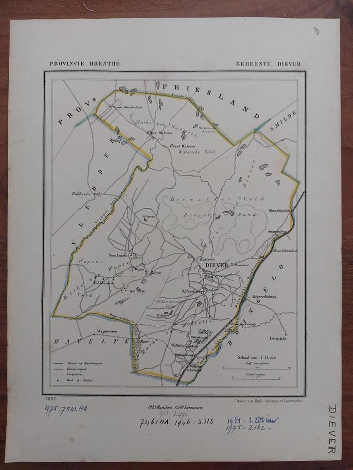 8 / Gemeente Diever met oa Veenhuizen Litho 1865 J. Kuyper, Antiek en Kunst, Kunst | Litho's en Zeefdrukken, Ophalen of Verzenden
