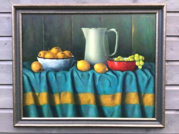 Schilderij fruit met emaille kan en kommen, Tj. Drenth ‘95 beschikbaar voor biedingen