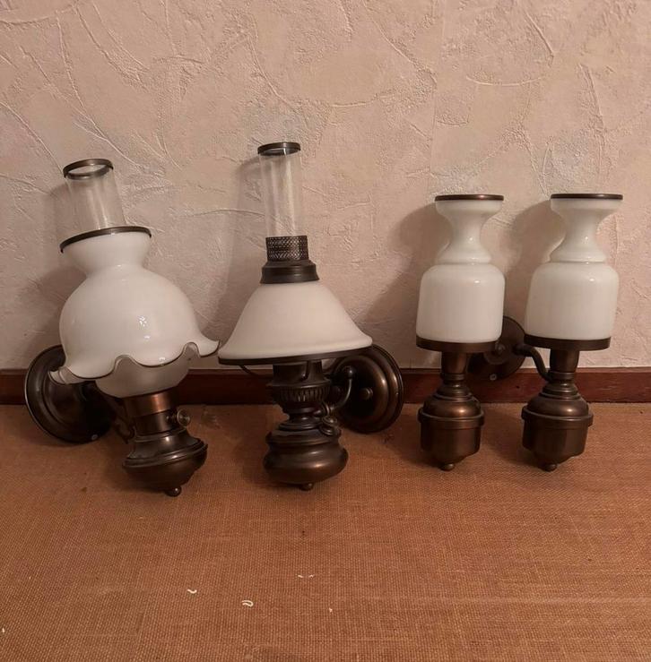 Set van 6 klassieke wandlampen – messingkleur, glas, Huis en Inrichting, Lampen | Wandlampen, Zo goed als nieuw, Glas, Metaal