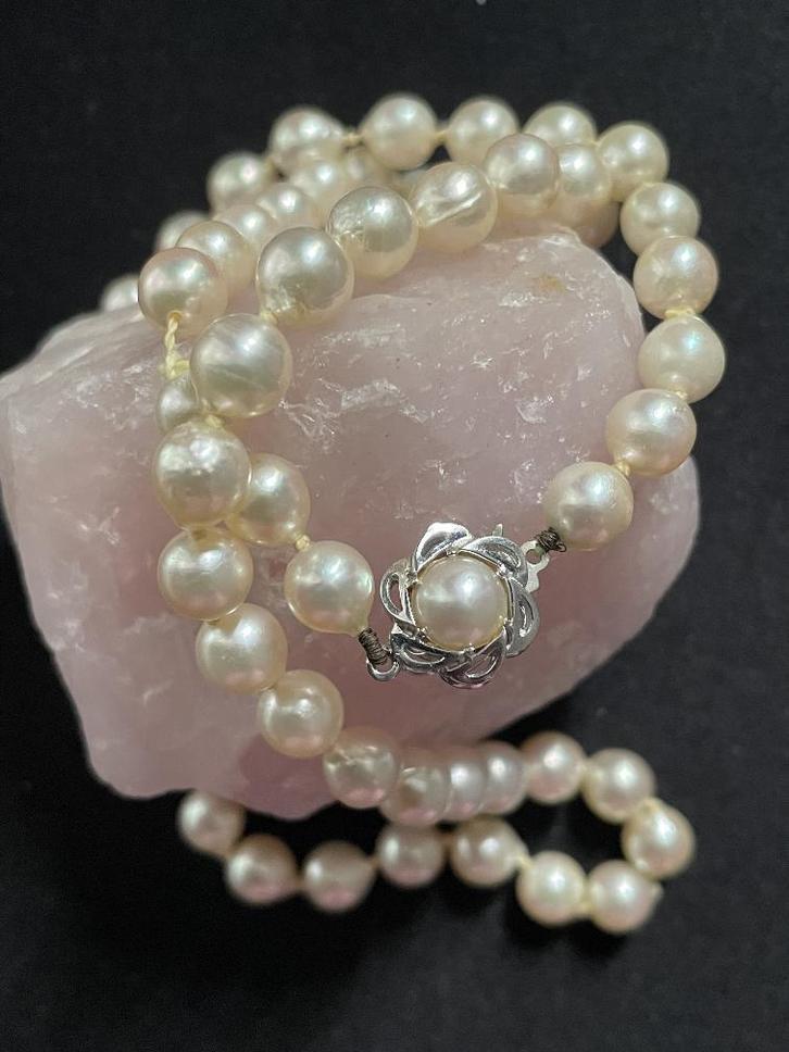 Akoya parelsnoer met witgouden sluiting, Sieraden, Tassen en Uiterlijk, Kettingen, Zo goed als nieuw, Zilver, Wit, Ophalen of Verzenden
