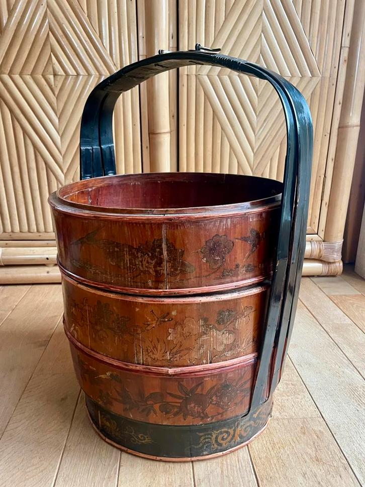 Chinese trouwmand bamboe en hout, vintage, Huis en Inrichting, Woonaccessoires | Schalen en Manden, Zo goed als nieuw, Rond, Hout