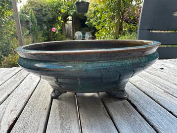 Mooie turquoise geglazuurde bonsaischaal op pootjes beschikbaar voor biedingen