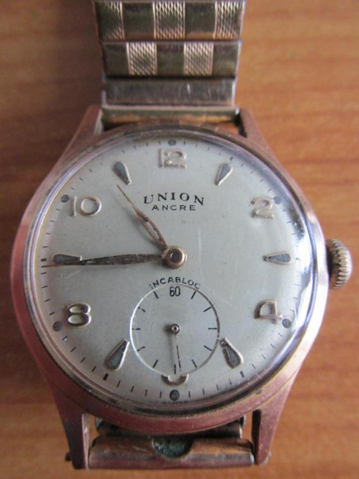 Union Ancre goudkleurig horloge, Sieraden, Tassen en Uiterlijk, Horloges | Antiek, Polshorloge, Overige merken, Staal, 1960 of later