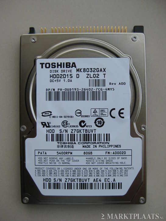 Toshiba MK8032GAX 80GB 5400rpm 2,5" IDE laptop harddisk, Computers en Software, Harde schijven, Gebruikt, Laptop, Intern, HDD
