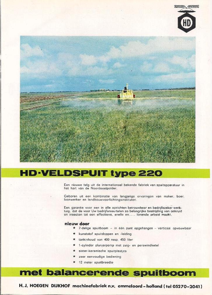 Folder hd-veldspuit type 220 landbouw - veeteelt h.j., Boeken, Catalogussen en Folders, Gelezen, Ophalen