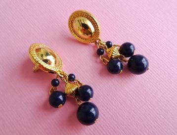 jwg Vintage 80s oorbellen donkerblauw blauw kralen goud klr beschikbaar voor biedingen