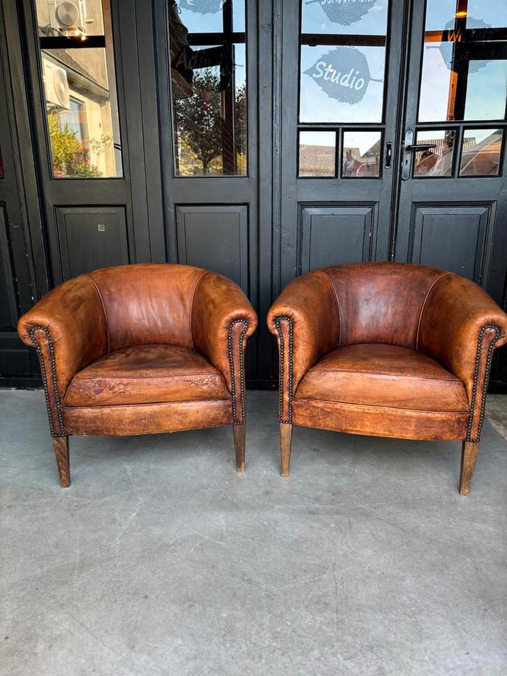Vintage Schapenleren Clubfauteuils (Set van 2), Huis en Inrichting, Fauteuils, Gebruikt, Leer, 75 tot 100 cm, Minder dan 75 cm