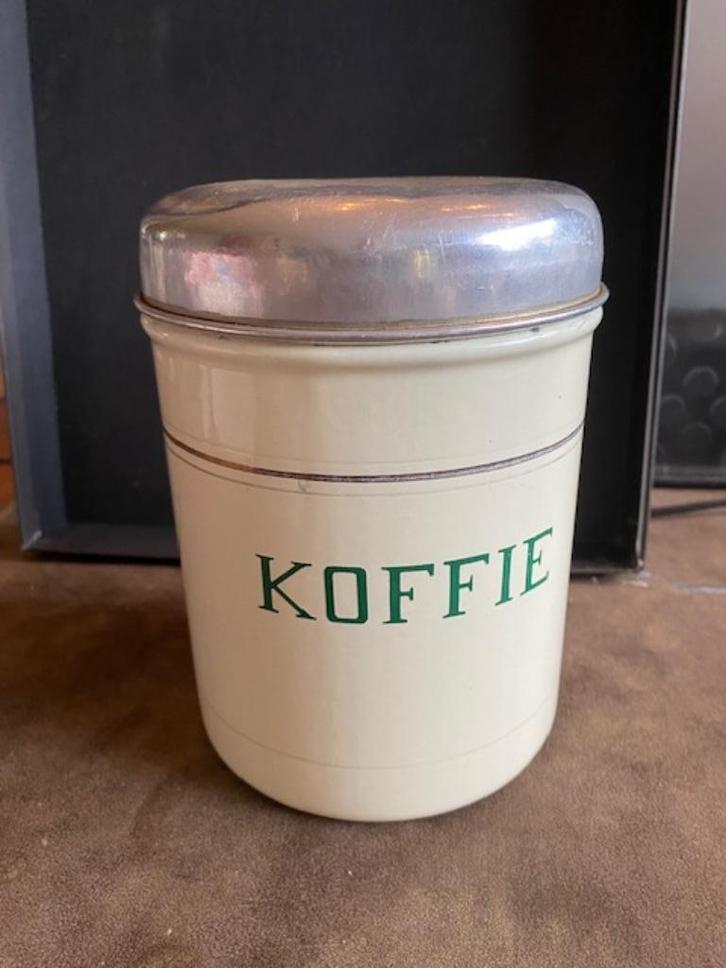 Emaille voorraadbus, koffie, crème met groene letters, Antiek en Kunst, Antiek | Emaille, Ophalen of Verzenden