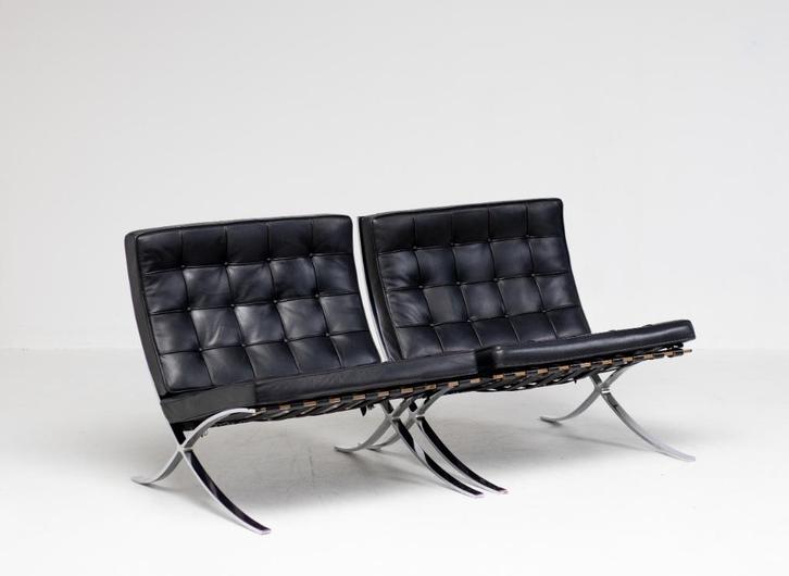 Knoll International, Mies van der Rohe, Barcelona zwart leer, Huis en Inrichting, Stoelen, Gebruikt, Twee, Leer, Metaal, Zwart