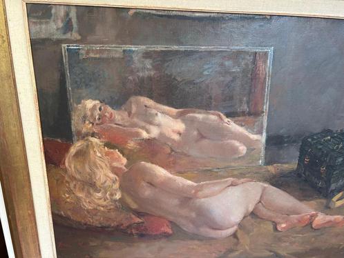 Bijzondere Harry Maas. Sexy blondine liggend voor de spiegel, Antiek en Kunst, Kunst | Schilderijen | Klassiek, Ophalen of Verzenden