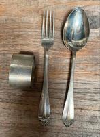 Antiek Zilver Bestek Set - Vork, Lepel & Servetring, Ophalen of Verzenden