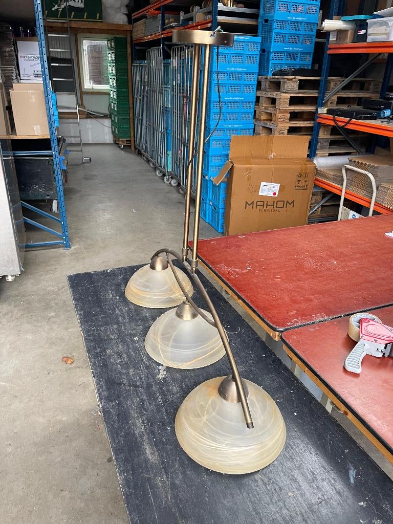 Hanglamp Morgano 3-L Brons met Glas Lamp Verstelbaar 105cm, Ophalen, Gebruikt, Kwantum Nederland, Glas