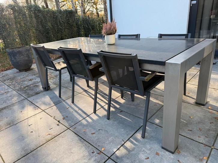Grote tuintafel (2.40m X 1.00m) - RVS frame, granieten blad, Tuin en Terras, Tuinsets en Loungesets, Gebruikt, Tuinset, Rvs, 6 zitplaatsen