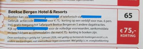 Beekse Bergen Hotel & Resorts € 75,- korting, Tickets en Kaartjes, Kortingen en Cadeaubonnen, Drie personen of meer, Overige typen
