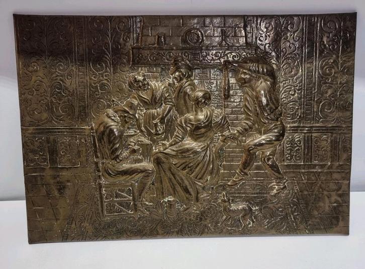 Plaquette messing op hout 44 x 30cm, Antiek en Kunst, Antiek | Koper en Brons, Koper, Ophalen of Verzenden