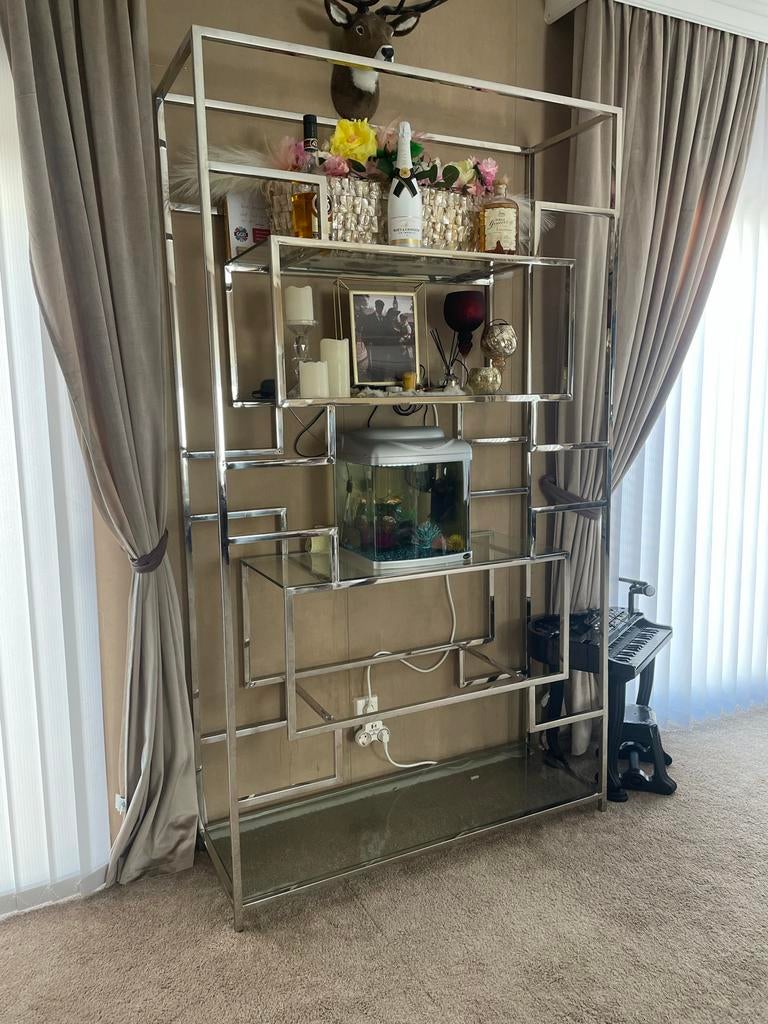 Stijlvolle chromen open kast met glas, Huis en Inrichting, Met plank(en), 100 tot 150 cm, 200 cm of meer, Ophalen of Verzenden