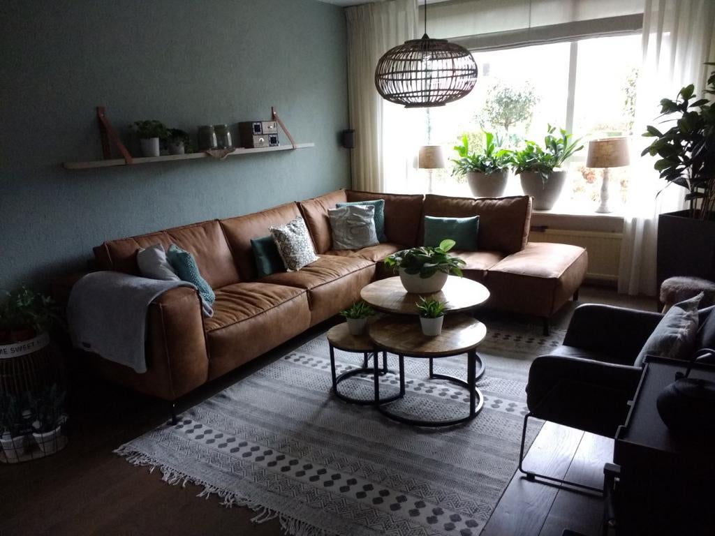 Hoekbank cognac bruin, Ophalen, 250 tot 300 cm, Gebruikt, Hoekbank