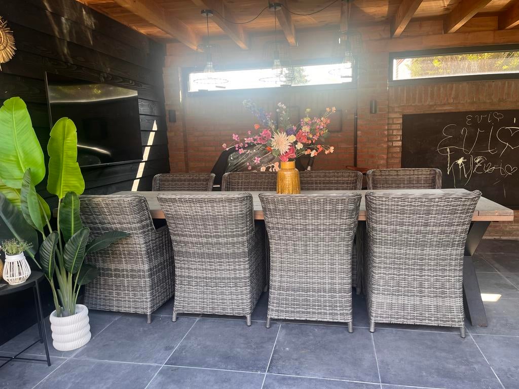 Degelijke tuinset: grote tafel met 8 stoelen, z.g.a.n., Ophalen, Eettafel, Tuinset, Hout
