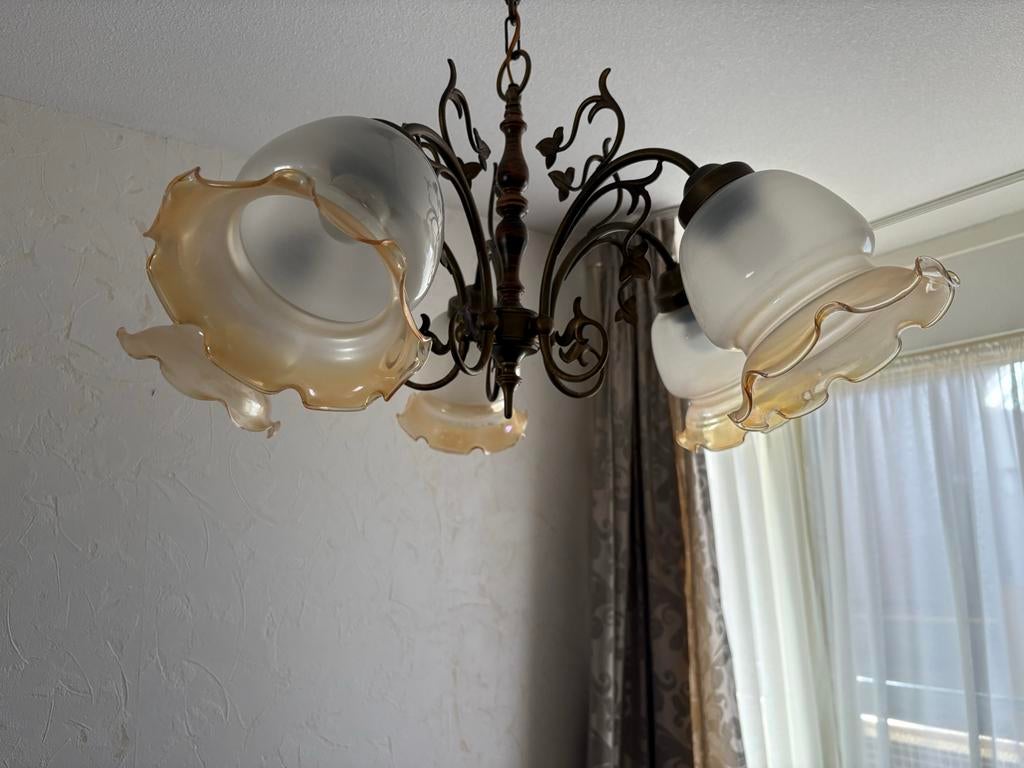 Mooie klassieke plafondlamp met 5 lichtpunten, Ophalen, Gebruikt, Glas