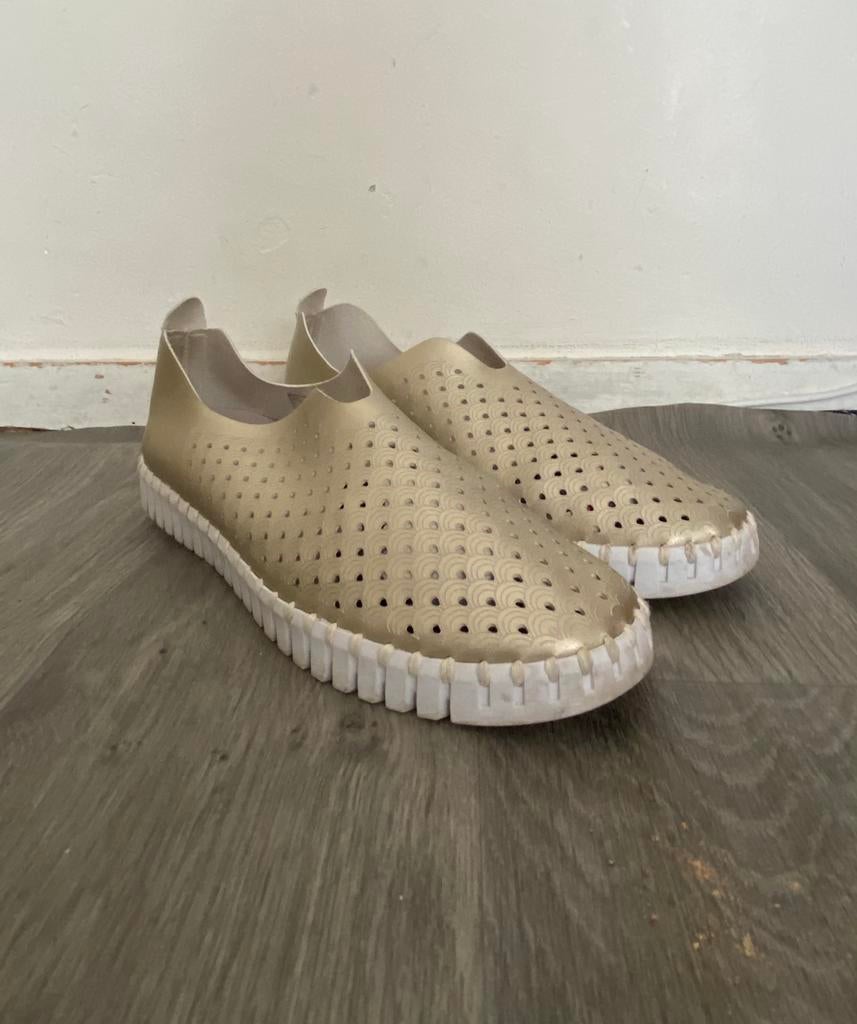 Ilse Jacobsen goudkleurige metallic leren instappers maat 40, Overige kleuren, Verzenden, Instappers, Zo goed als nieuw