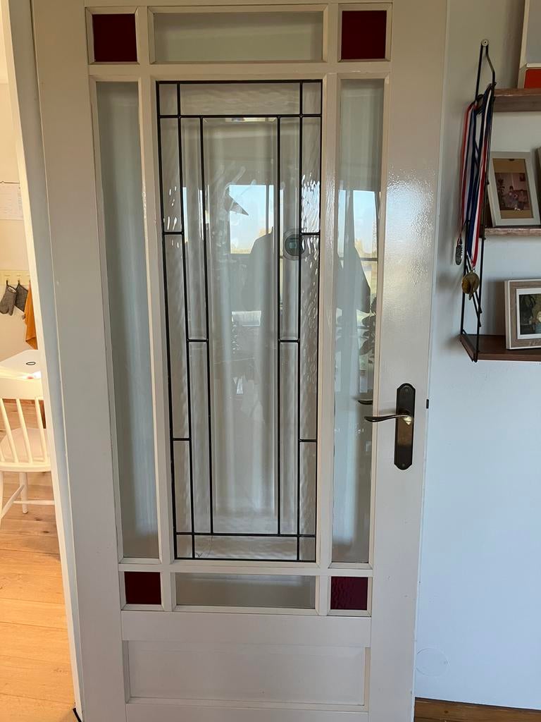 Opdekdeur 211x90 rechtsdraaiend glas in lood, Ophalen, Gebruikt, 80 tot 100 cm, Binnendeur