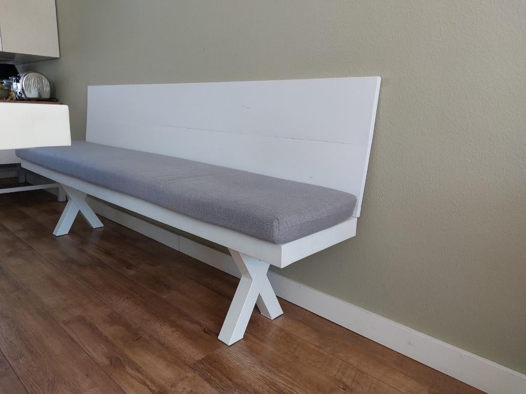 Witte Eettafelbank met rugleuning L 210, Gebruikt, Drie, Wit, Ophalen of Verzenden