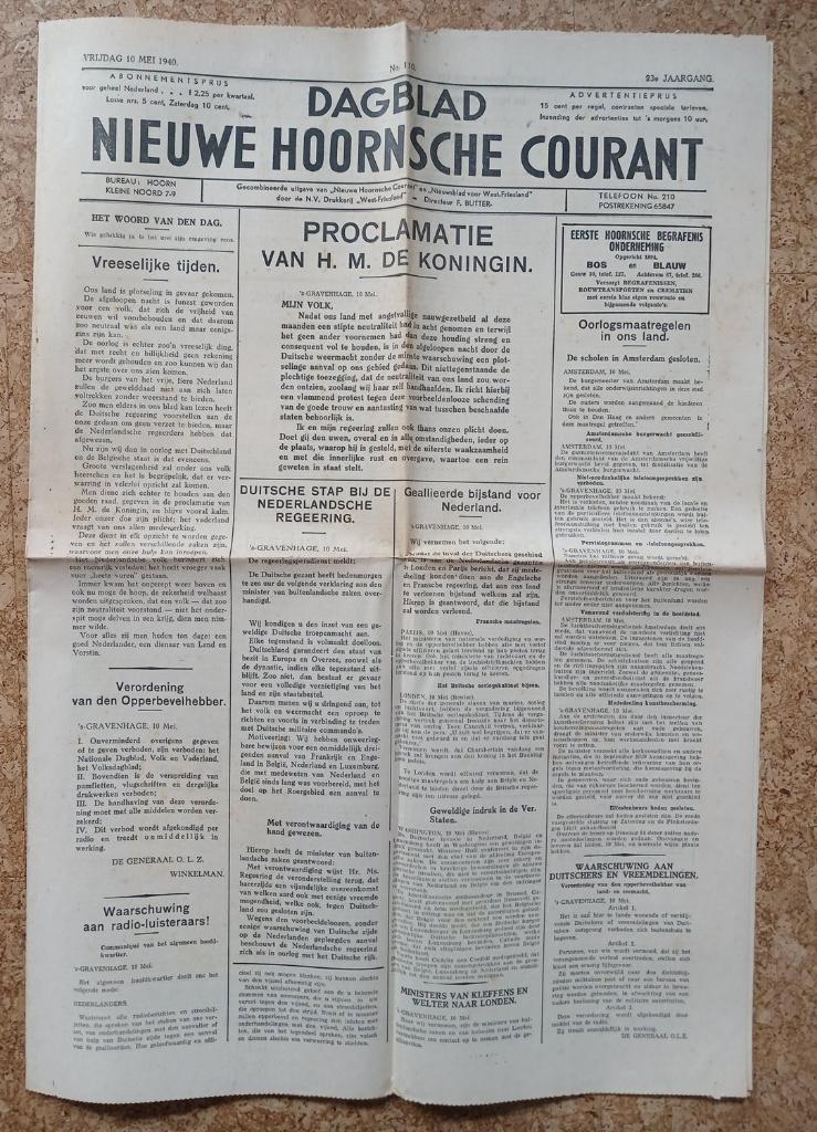 Krant Duitse inval / Nieuwe Hoornsche Courant 10 mei 1940, Verzamelen, Verzenden, Overige typen, Overige soorten, X