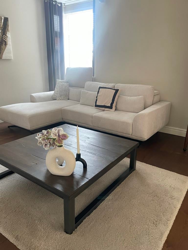 Salontafel 120x120 hout met zwart stalen onderstel, Huis en Inrichting, Tafels | Salontafels, Gebruikt, 100 tot 150 cm, Vierkant