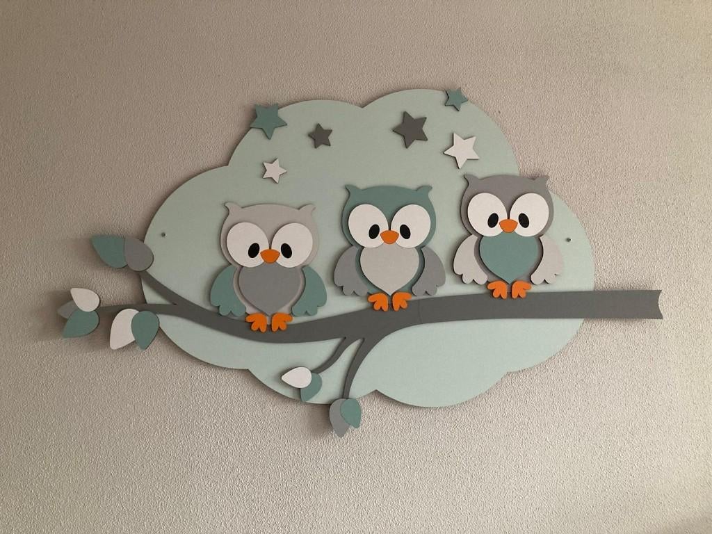 Houten muurdecoratie uiltjes op tak – baby/kinderkamer, Ophalen of Verzenden, Gebruikt, Wanddecoratie