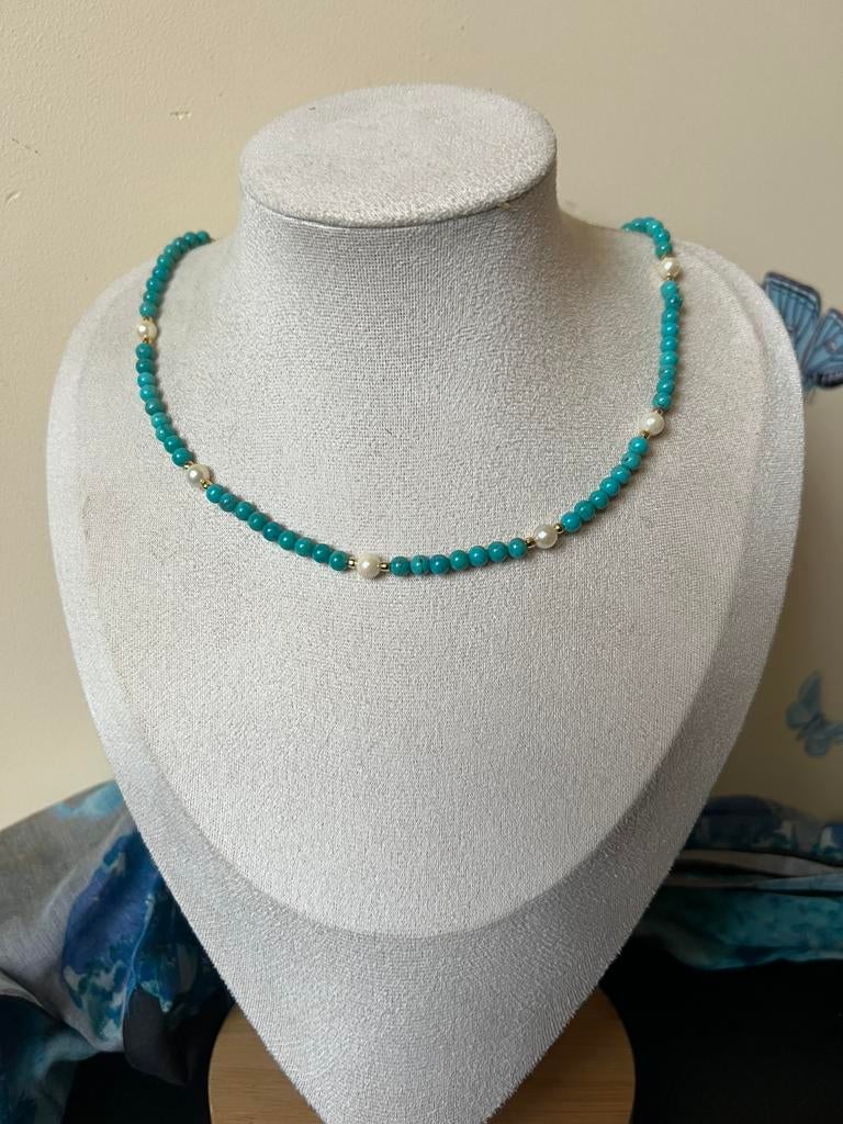Turkoois turquoise Arizona akoya zoutwater parel zeldzaam, Sieraden, Tassen en Uiterlijk, Kettingen, Blauw, Nieuw, Verstelbaar