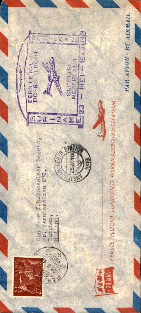 Paramaribo - Amsterdam - FFC - 1949, Postzegels en Munten, Brieven en Enveloppen | Nederland, Verzenden, Envelop