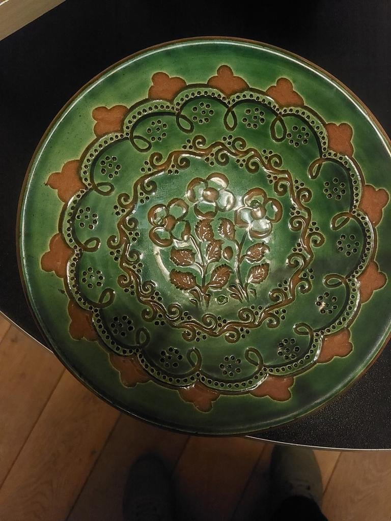 Vintage Groen Keramiek Wandbord met Bloemmotief, Ophalen of Verzenden