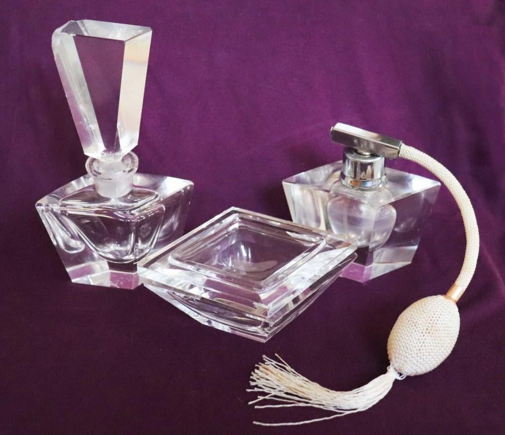 Vintage parfumverstuiver met balg, parfumflesje + poederdoos, Ophalen of Verzenden, Gebruikt