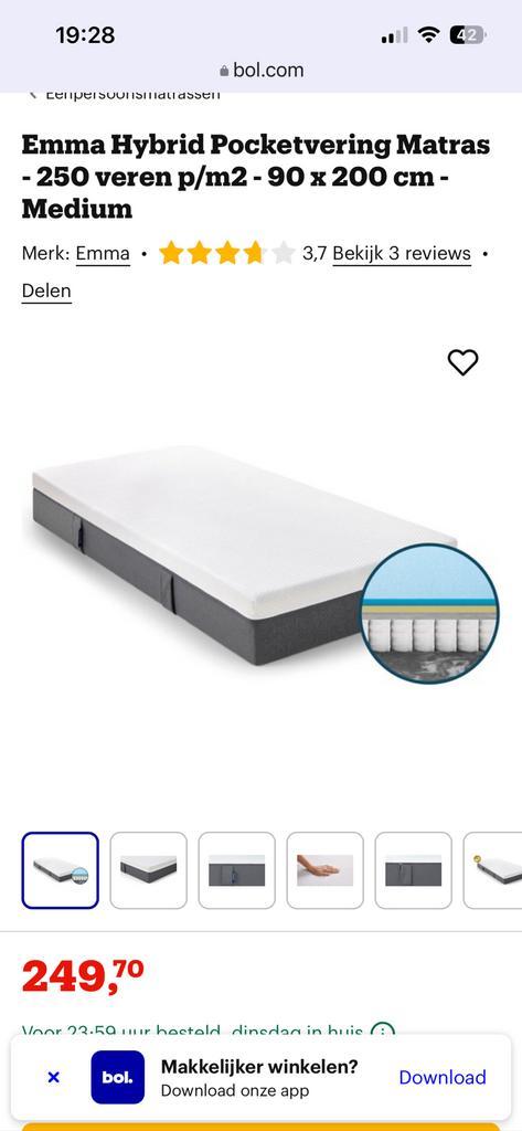 Bedframe, lattenbodem & Emma hybrid matras 90x200, Huis en Inrichting, Slaapkamer | Bedden, Zo goed als nieuw, Eenpersoons, 90 cm