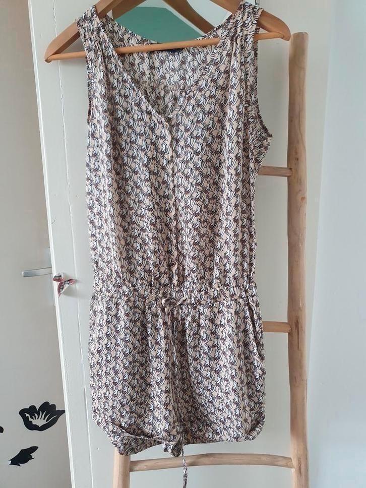 Terre Bleue playsuit met vogelprint - Maat 36, Kleding | Dames, Jumpsuits, Zo goed als nieuw, Maat 36 (S), Beige, Ophalen of Verzenden