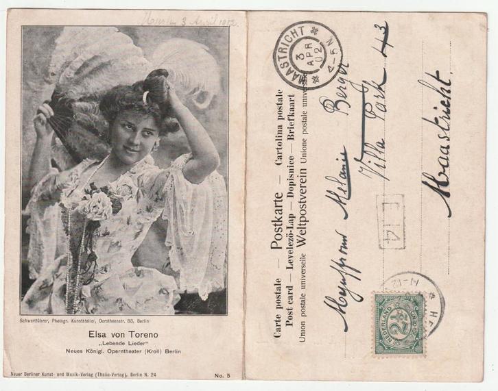 Elsa von Toreno Heimat Hispania bladmuziek ansichtkaart 1902, Verzamelen, Ansichtkaarten | Themakaarten, Gelopen, Voor 1920, Sterren en Beroemdheden