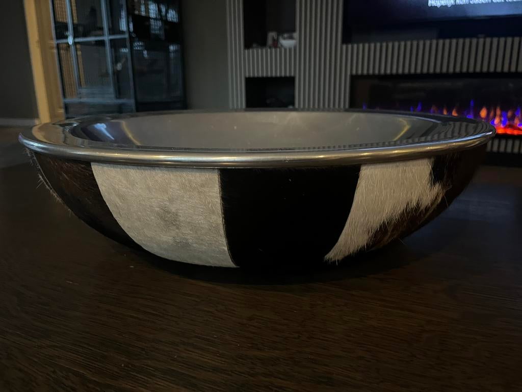 Prachtige Koeien huid schaal met zilverkleur, Ophalen of Verzenden, Zo goed als nieuw, Rond, Glas