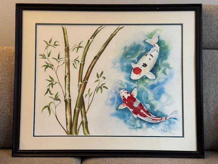 schilderij gouache Japanse Koi door Remko van den Berg, Antiek en Kunst, Kunst | Schilderijen | Klassiek, Ophalen of Verzenden