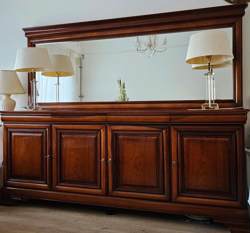 Kersenhouten Dressoir met Spiegel, Ophalen, Met deur(en), 200 cm of meer, Kersenhout