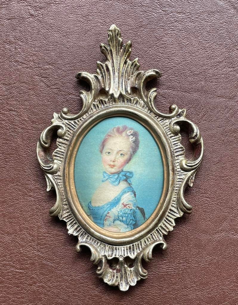 Klein goudkleurig Barok lijstje met afbeelding op zijde, Ophalen of Verzenden