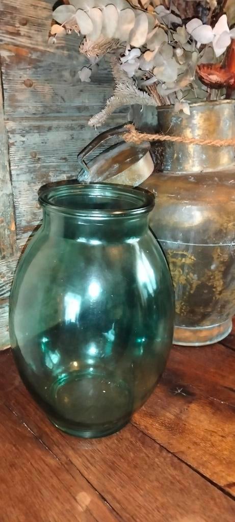 Grote brocante groen kleurig glas vaas, Antiek en Kunst, Ophalen of Verzenden